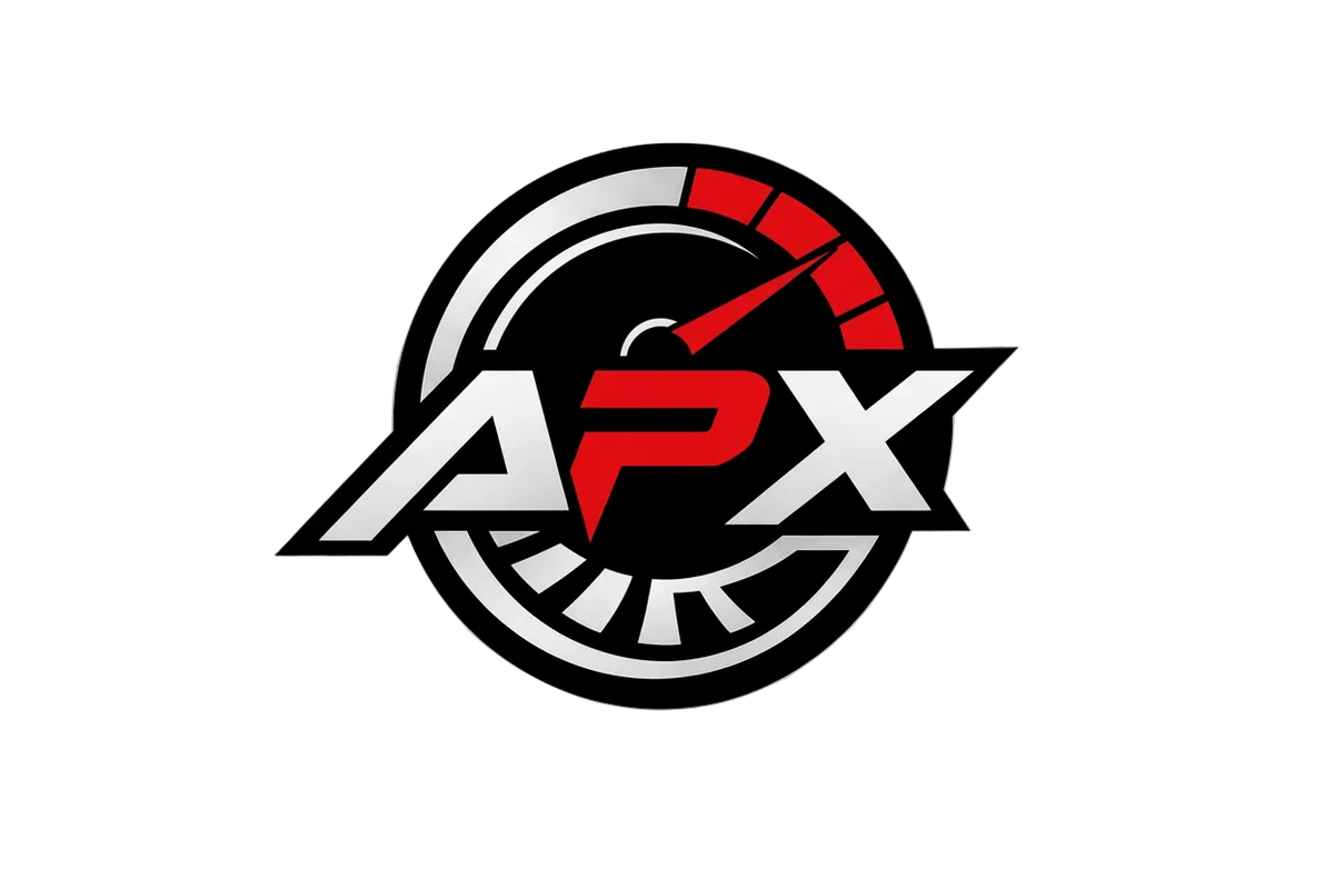 A stylized circular speedometer-style logo with the letters APX in white and red, centered on a bright green background.