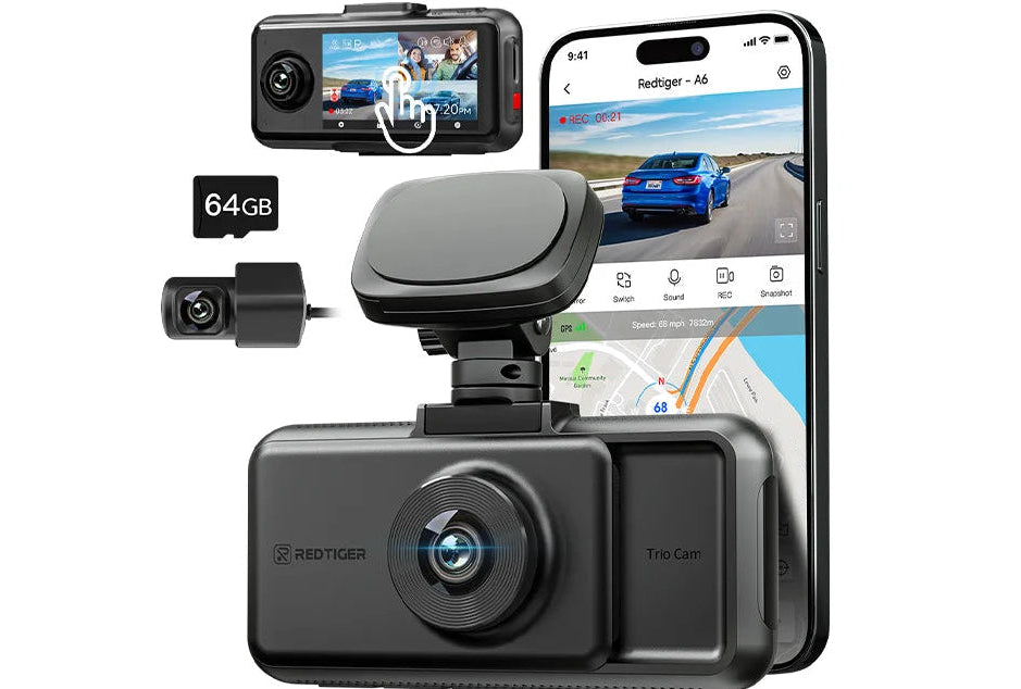 Redtiger dash cam with smartphone app interface, 64GB storage, and Aliexpress branding.