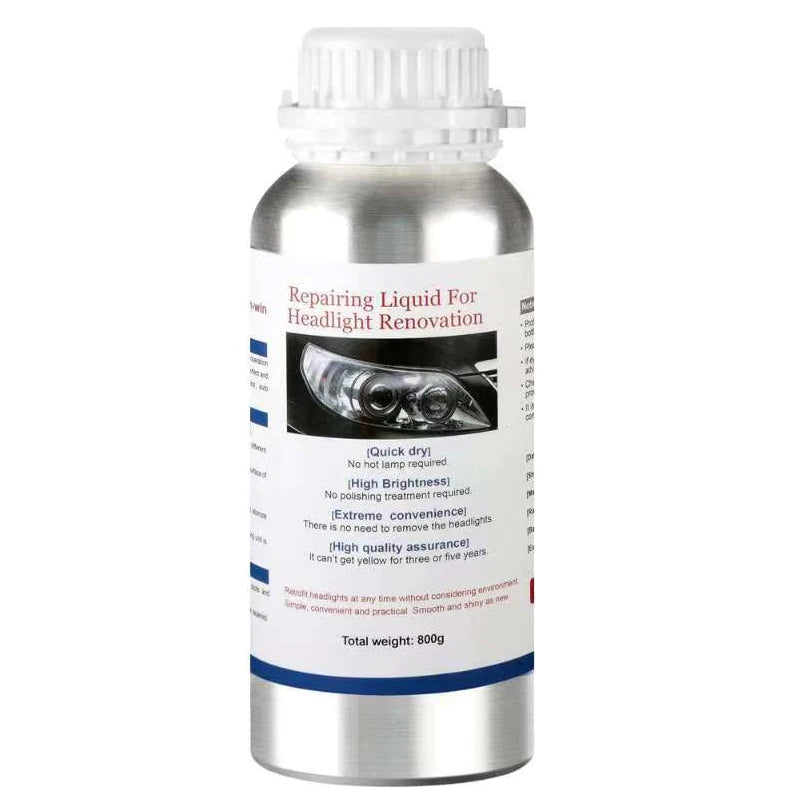 Bottle of repairing liquid for headlight renovation with a white label on a white background