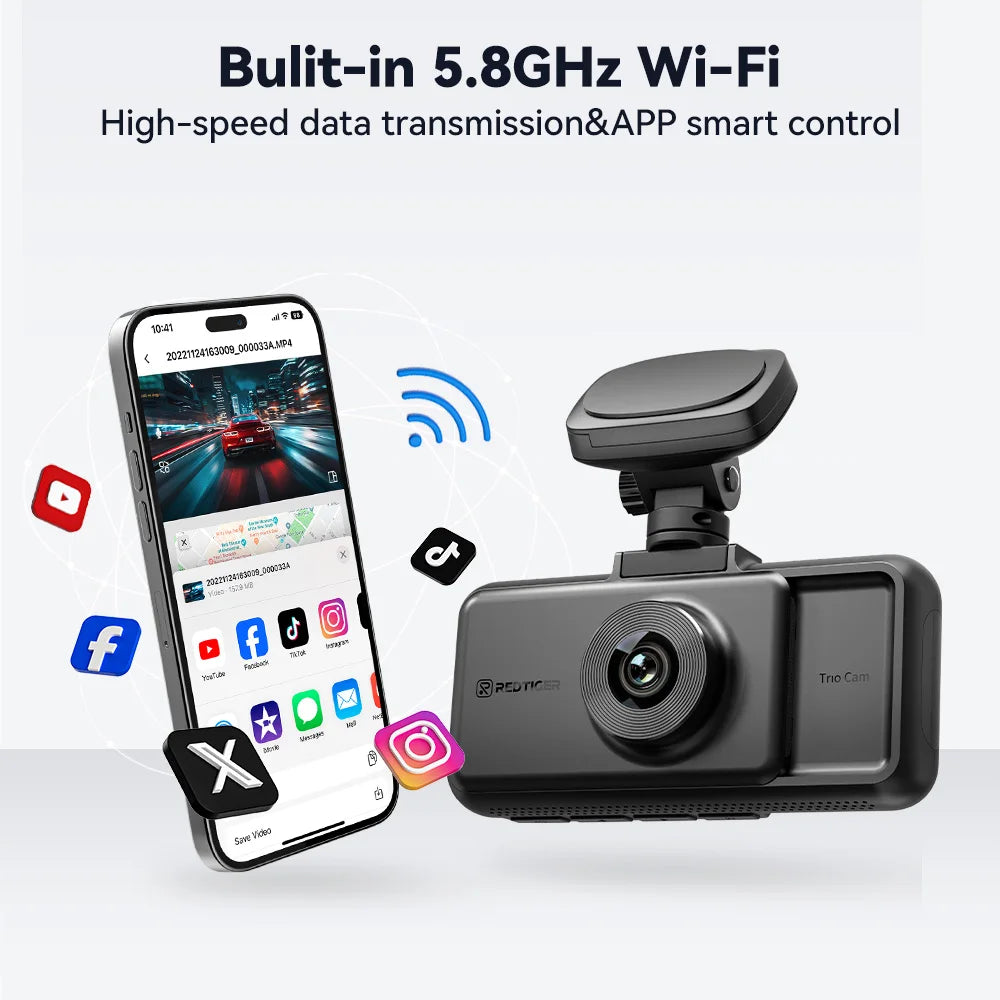 Car dashboard camera with smartphone displaying app icons and text about Wi-Fi connectivity.