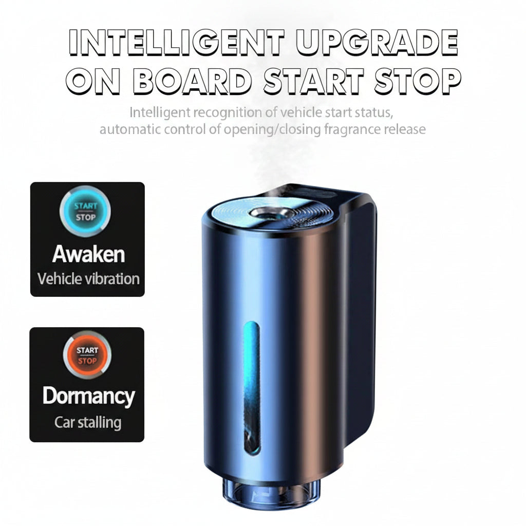 Car air freshener with intelligent start-stop feature on a vehicle interior background