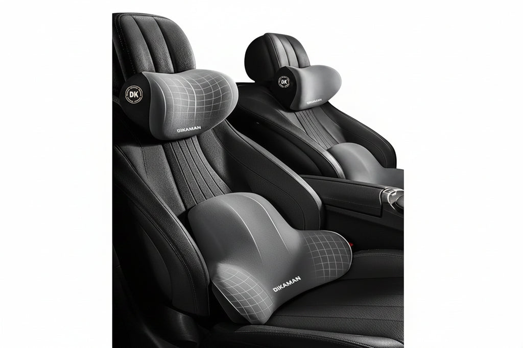 Car seat with Dikaman neck pillows on a dark background