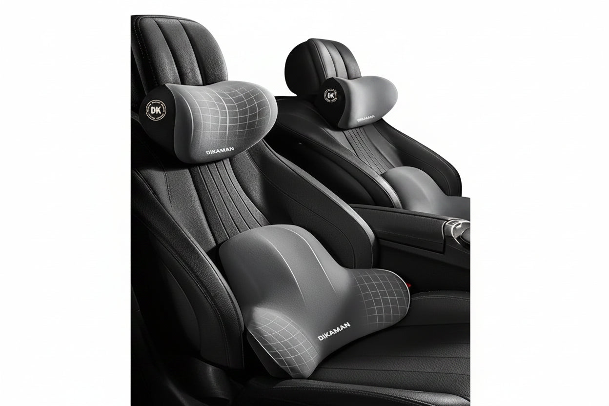 Car seat with Dikaman neck pillows on a dark background